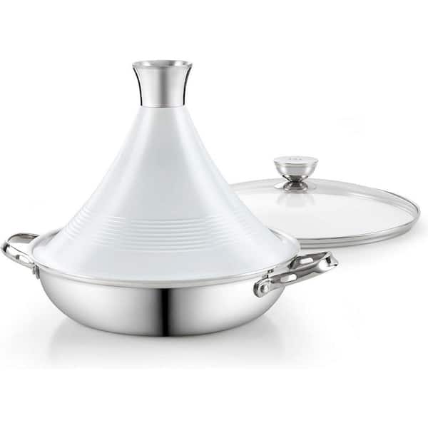 11 in. 3.6 qt. Multi-Ply Clad Stainless Steel Tagine Pot Traditional Cooking Pot w/Die-Cast Aluminum White Conical Lid