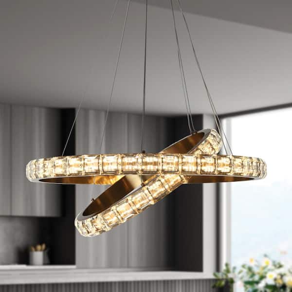 Modern Glam 2-Light Plating Brass Circle Integrated LED Chandelier Hanging Light with Clear Crystal for Dining Room