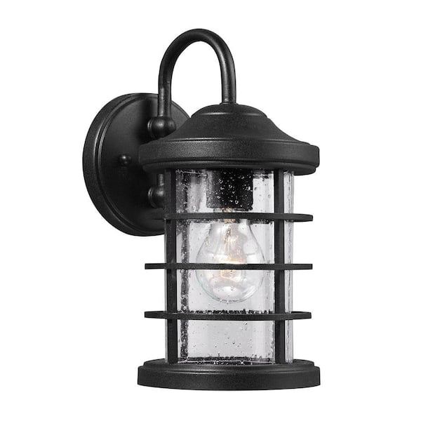 Generation Lighting Sauganash 1-Light Outdoor Black Wall Lantern Sconce with Clear Seeded Glass
