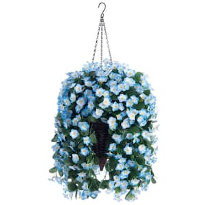 17 in. H Artificial Hanging Silk Orchid Flowers in Basket, Outdoor Indoor Patio Lawn Garden Decor, Blue