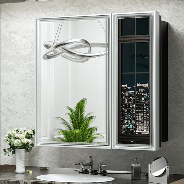 KeonJinn 30 in. W x 32 in. H Rectangular Silver Aluminum Alloy Framed Recessed/Surface Mount Medicine Cabinet with Mirror