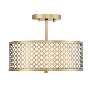 Meridian 13 in. W x 10 in. H 2-Light Natural Brass Semi-Flush Mount with White Fabric Shade and Geometric Metal Frame