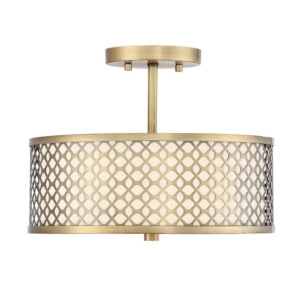 Savoy House Meridian 13 in. W x 10 in. H 2-Light Natural Brass Semi-Flush Mount with White Fabric Shade and Geometric Metal Frame