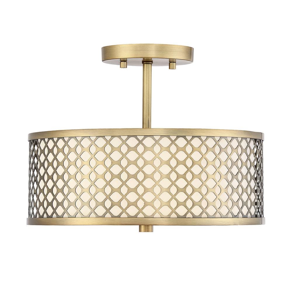 13 in. W x 10 in. H 2-Light Natural Brass Semi-Flush Mount with White Fabric Shade and Geometric Metal Frame price history on PriceWatchPro