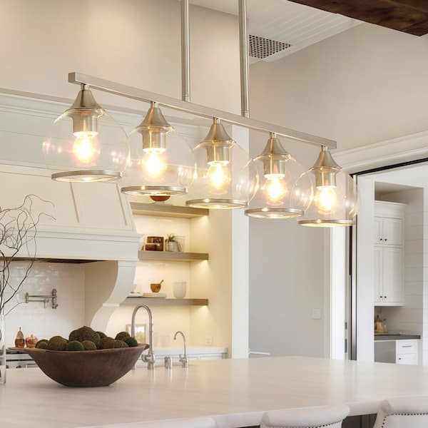 37in. 5-Light Brushed Kitchen Island Chandelier, Island Lighting, Dining Room Light Fixture Over Table with Glass Shade