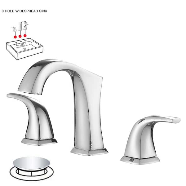 BWE 8 in. Widespread Double Handle Black Bathroom Faucet Set 3-Holes Vanity Sink With Metal Drain In Polished Chrome