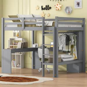 Gray Multifunctional Full Size Wood Loft Bed with L-Shaped Desk, Wardrobe and Storage Shelves