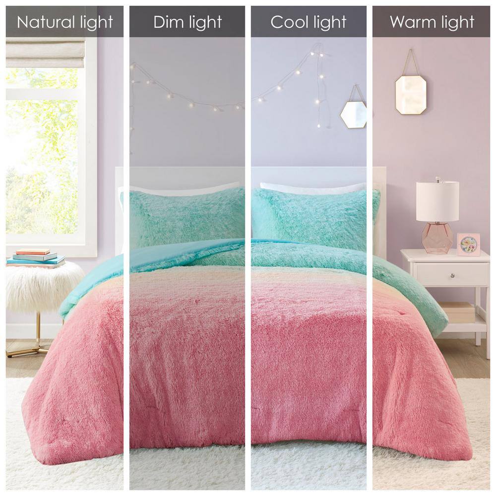 Twin Aqua Multi Faux Fur Down Alternative Comforter Set