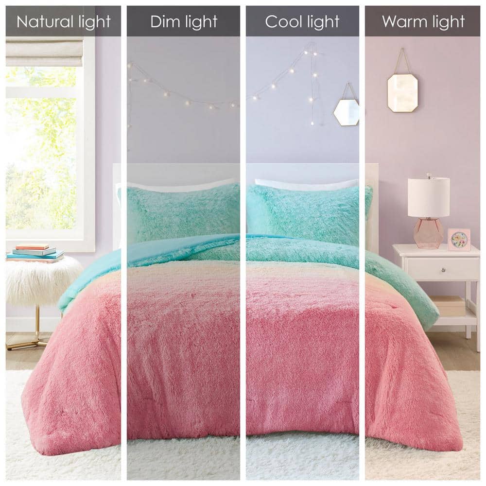 Twin Aqua Multi Faux Fur Down Alternative Comforter Set