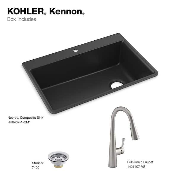 KOHLER Kennon Drop-in/Undermount Granite Composite 33 in. Single Bowl Kitchen Sink with Sous Kitchen Faucet in Matte Black