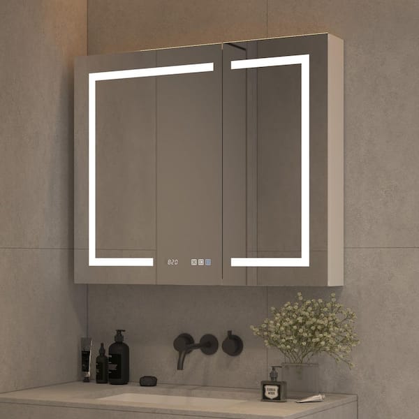 36 in. W x 30 in. H Rectangular Silver Aluminum Defogged Surface/Recessed Mount Dimmable Medicine Cabinet with Mirror