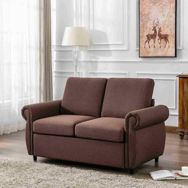 57.5 in. Square Arm Linen Rectangle Sofa with Twin Size Memory Mattress in Brown