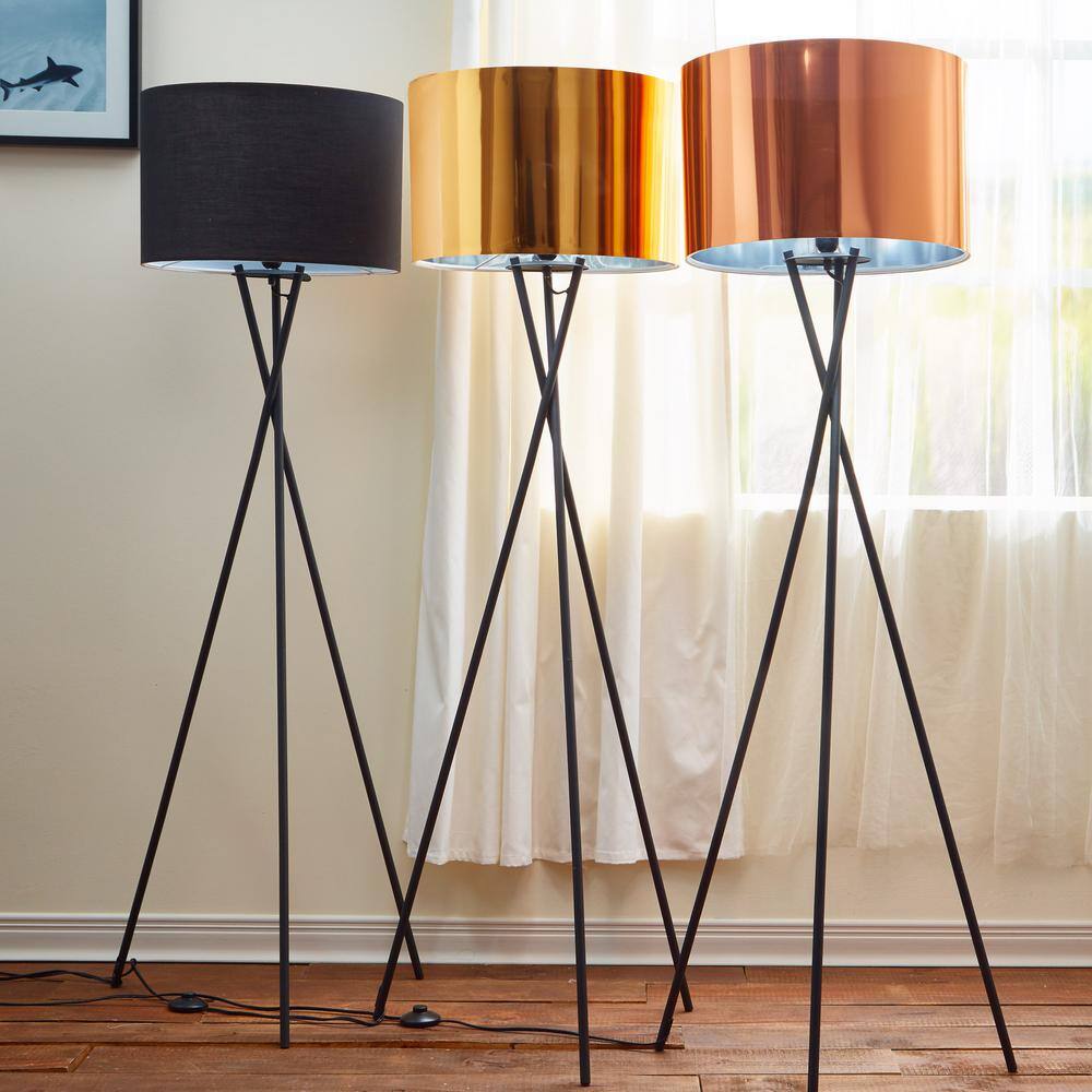 Elegant Outdoor Black Tripod Floor Lamp with Gold Shade