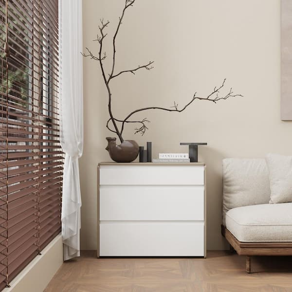 FUFU&GAGA White and Beige 27.6 in. H Accent Cabinet with 3-Drawers and Rounded Corners, Sofa Side Cabinet, Entryway Storage