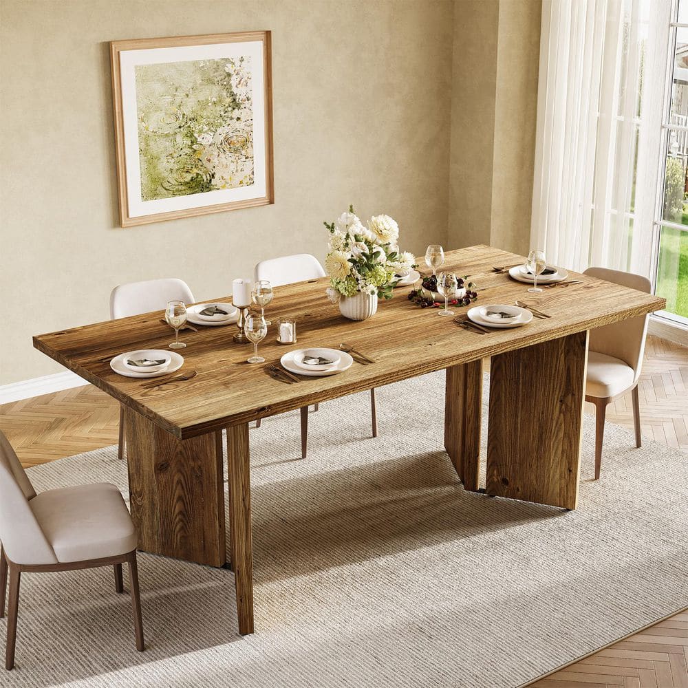 Capen Natural Brown Solid Wood 63 in. Rectangle Double Pedestal Dining Table, Farmhouse Kitchen Table for Home Seats 6 price history on PriceWatchPro