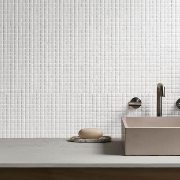 Nova White 4 in. x 0.23 in. Mini Square Frosted Glass Mosaic Floor and Wall Tile Sample