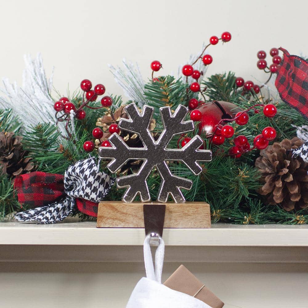 Silver Snowflake on Wood Look Base Christmas Stocking Holder