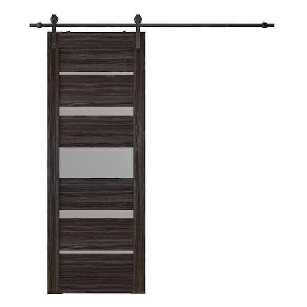 Belldinni Kina 18 in. x 80 in. 5-Lite Frosted Glass Gray Oak Composite Core Wood Sliding Barn Door with Hardware Kit
