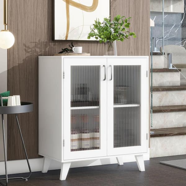 FUNKOL 27.1 in. x 14.96 in. x 32.5 in. White Particleboard Ready to Assemble Kitchen Cabinet w/2 Glass Door & Adjustable Shelve