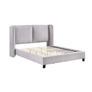 Haley Boucle Light Gray Wood Frame Queen Platform Bed With Upholstered Headboard