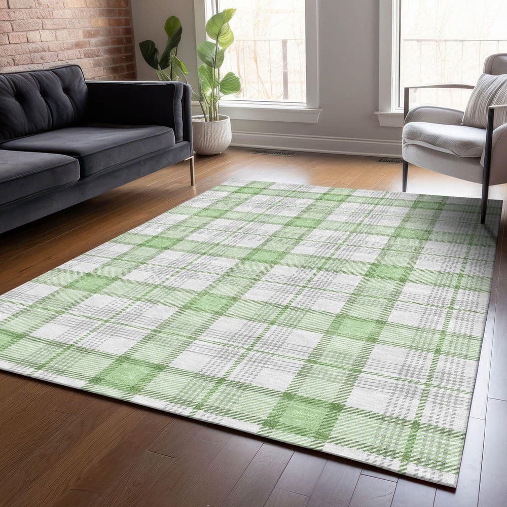 Mint Plaid Rectangular Machine-Washable Synthetic Rug 46" x 30"