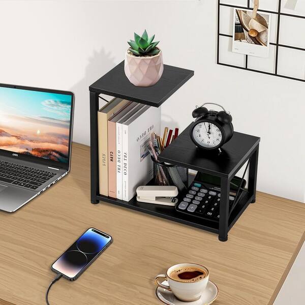 Black 13 in. x 13.2 in. Wood Desk Organizer Shelf with Metal Frame