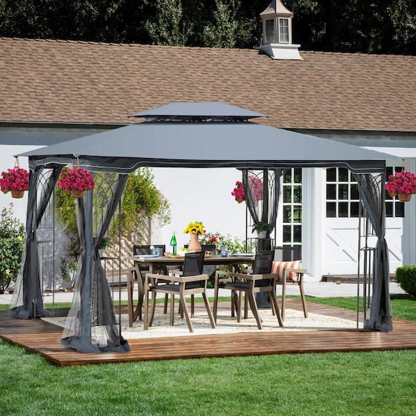 JimsMaison 10 ft. x 13 ft. Outdoor Gray Steel Soft-top Gazebo with Double Roof and Mosquito Net
