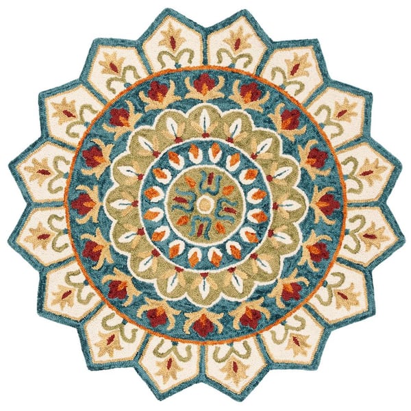 Novelty Ivory/Blue Doormat 3 ft. x 3 ft. Floral Border Round Area Rug