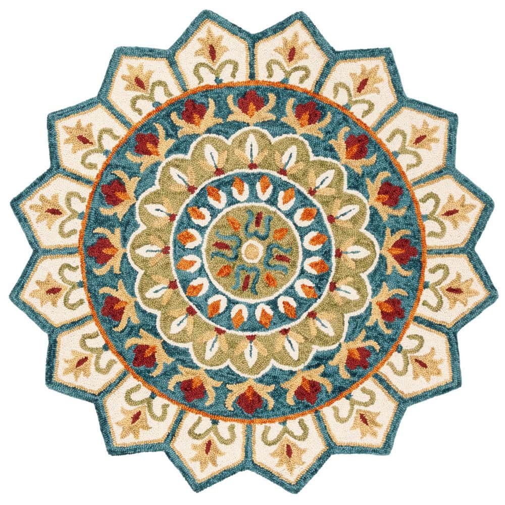 Handmade Blue and Ivory Floral Tufted Wool Round Rug