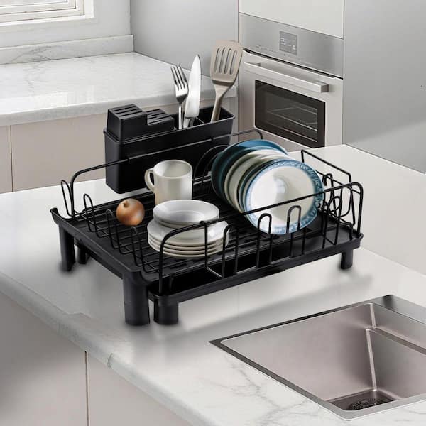 Matte Black Kitchen Expandable Kitchen Dish Racks for Kitchen Counter with Drainboard and Utensil Holder