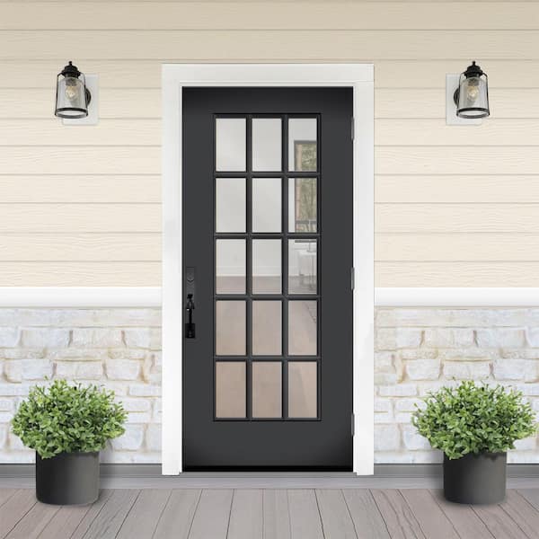 Reliant 32 in. x 80 in. Full Lite 15L SDL Clear Glass LHOS Black Finish Fiberglass Prehung Front Door w/6-9/16 Jamb
