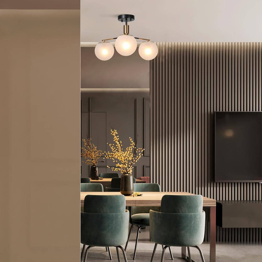 Modern 19" Matte Black and Brass Semi-Flush Mount with Frosted Glass Globes