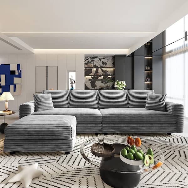 Convertible 102.4 in Corduroy Fabric Sectional Sofa in Gray with Movable Ottoman, 2-Pillows, Lounge Chair, Sofa Bed