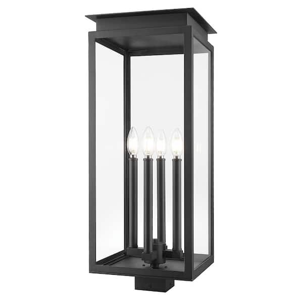 Nova 4 Light Black Aluminum Weather Resistant Outdoor Post Light Fixture with Clear Glass Shade with No Bulbs Included