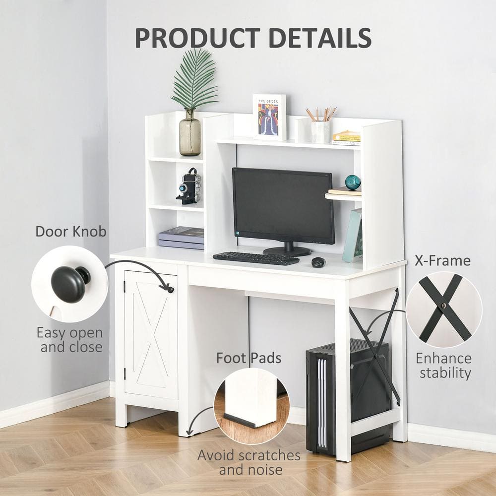 Farmhouse White 99cm Wood Computer Desk with Hutch and Filing Cabinet