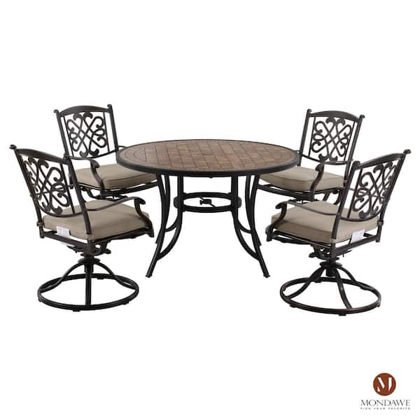 Mondawe 5-Piece Cast Aluminum Outdoor Dining Set with Ceramic Tile Top Table & Swivel Chairs with Beige Cushions