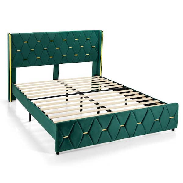 ANGELES HOME Green Wood Frame Queen Size Platform Bed with Adjustable Headboard
