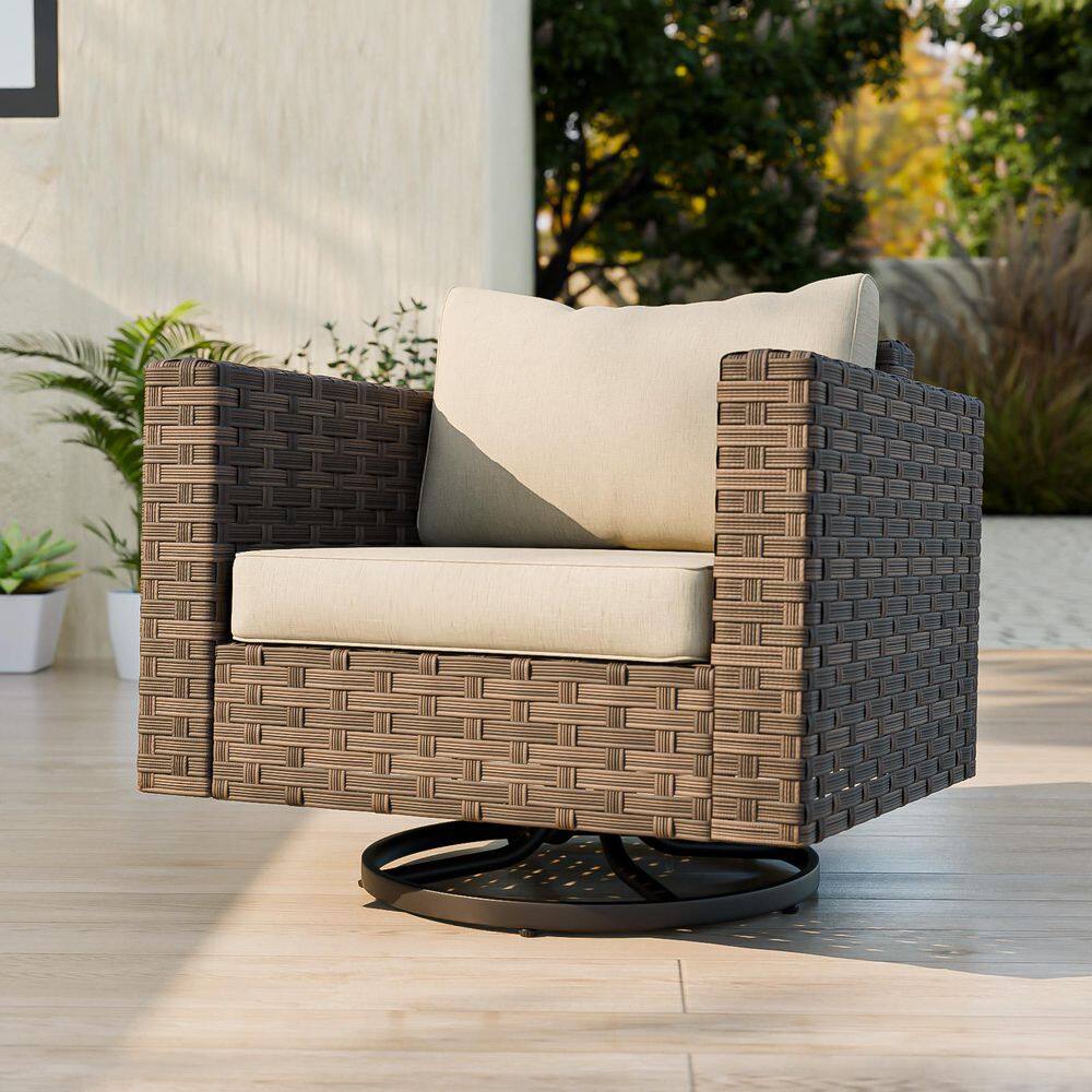 All-Weather Wicker Swivel Outdoor Rocking Chair-Brown Frame with Beige Cushions (1-Piece) price history on PriceWatchPro