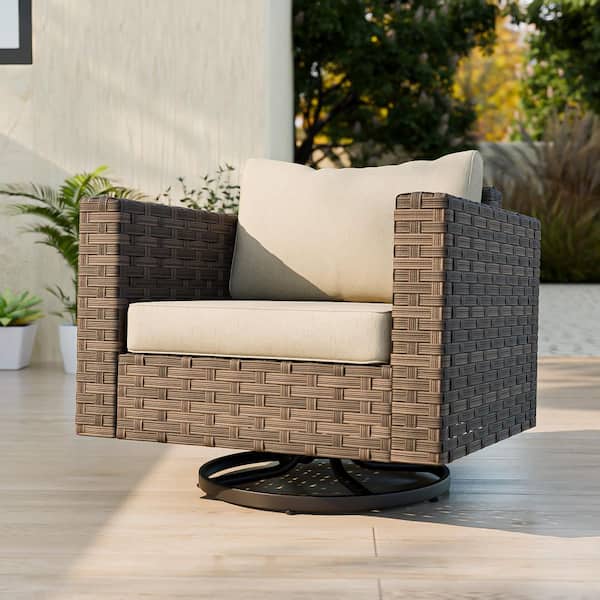 All-Weather Wicker Swivel Outdoor Rocking Chair-Brown Frame with Beige Cushions (1-Piece)