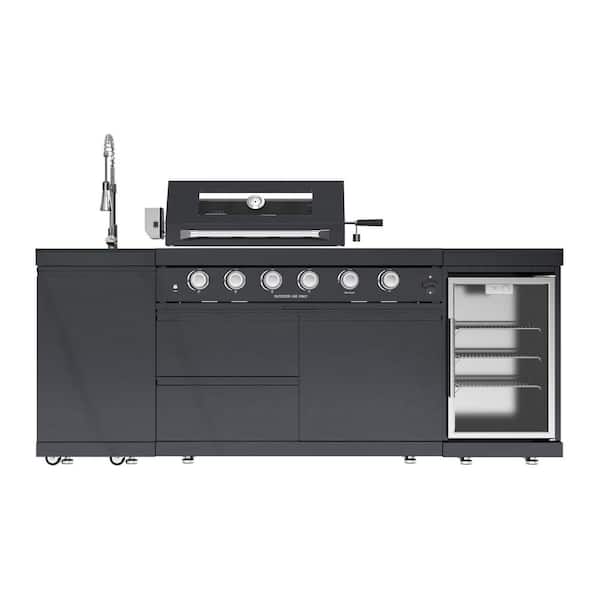85 in. W 6-Burner Propane Gas Grill Island in Black, with Wine Cooler, Compact Refrigerator, Rotisserie kit, Sink