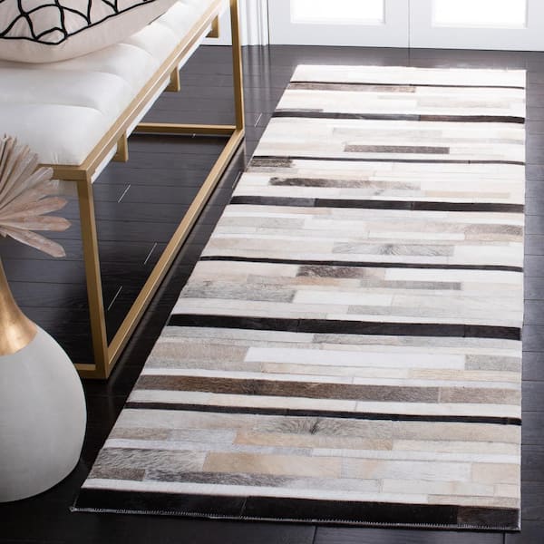 Studio Leather 2 ft. x 7 ft. Ivory/Black Striped Runner Rug