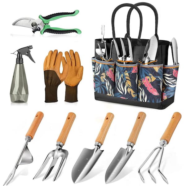 9-Piece Garden Tool Set, Heavy Duty Gardening Hand Tools with Fashion Organizer Handbag, Gardening Gifts (Black)