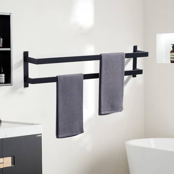 32 in. Square Double Staggered Wall Mounted Towel Rack, Stainless Steel Towel Bars in Matte Black