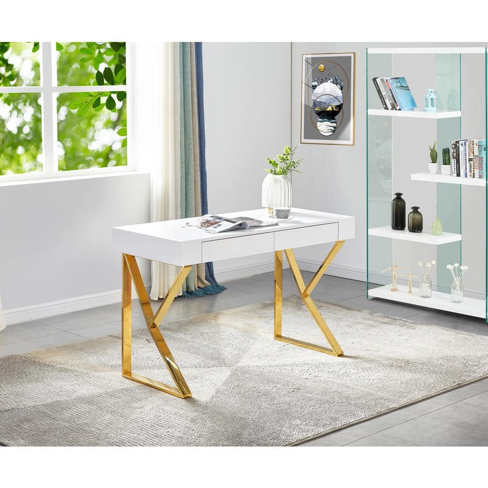 Modern White Lacquer Wood Computer Desk with Stainless Steel Base, 47"