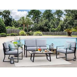 4-Piece Metal Patio Conversation Set with Coffee Table and Grey Cushions