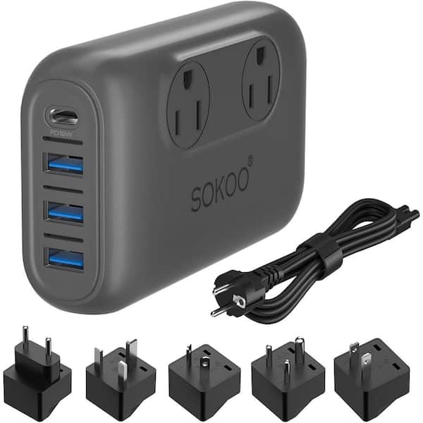 2-Outlet Surge Protector with USB Port, Voltage Converter Travel Adapter 3.0 in Gray