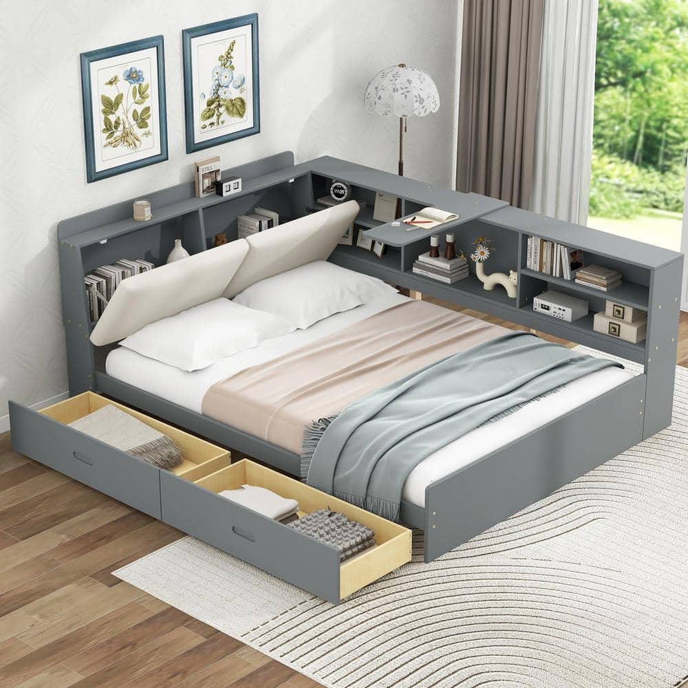 Harper & Bright Designs Gray Wood Frame Full Platform Bed with 2