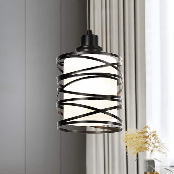 Henveton Jasslynn 60 Watt 1 Light Black Modern Pendant Light with Cylinder Frosted Glass Shade for Living Room Foyer Kitchen