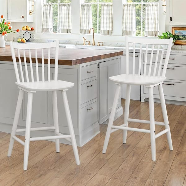 LUE BONA Winston 24 in. White Windsor Barstool Wooden Farmhouse Spindle Back Counter Height Stool for Kitchen Island (Set of 2)