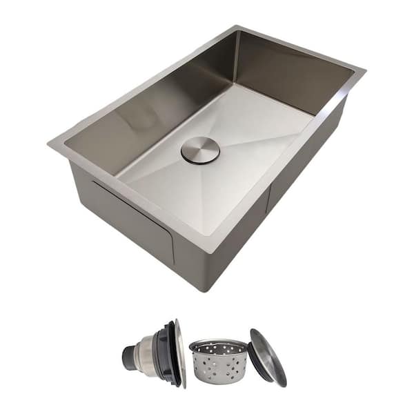 30 in. x 18 in. Undermount Brushed Single Bowl 18 Gauge Silver Stainless Steel Kitchen Sink with Drain Kit